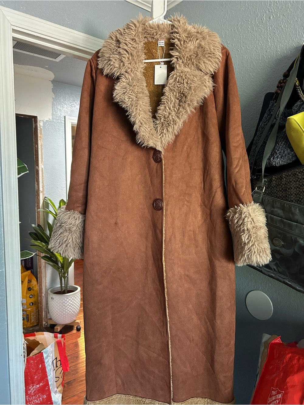 MSDOSBT Chestnut Brown Faux Shearling Long Coat with Plush Collar
